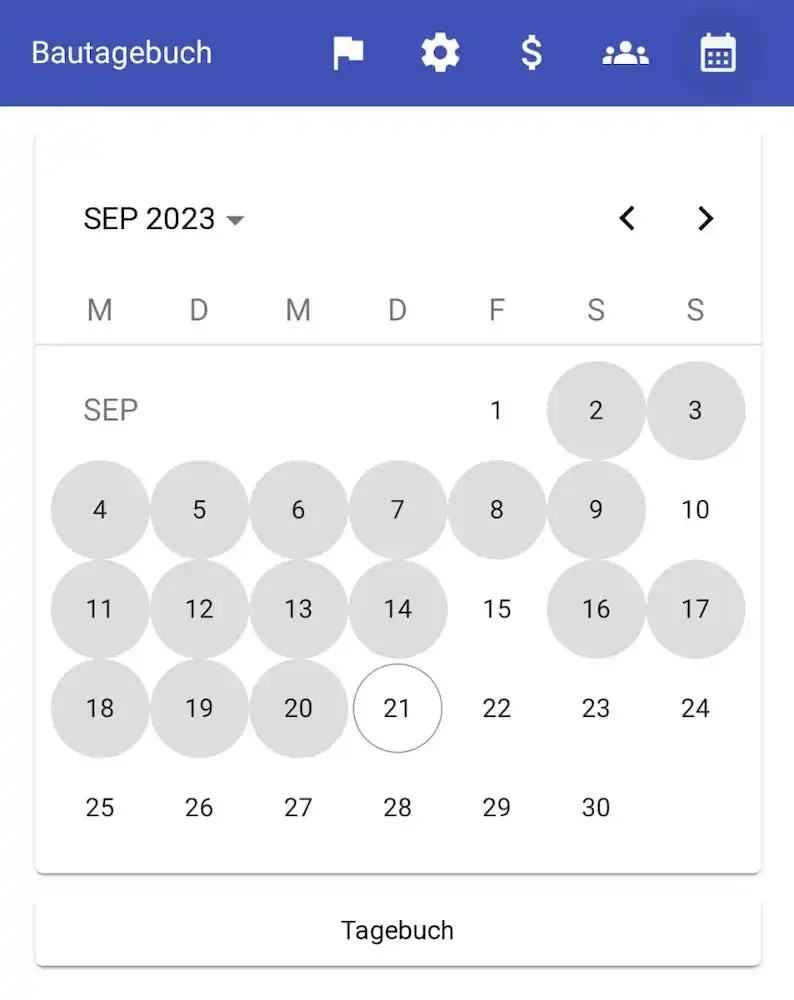 Calendar page of Bautagebuch